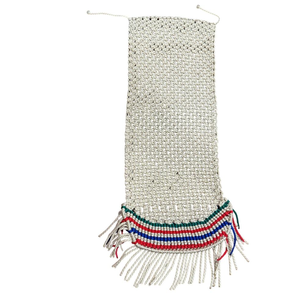 Vintage Crochet / Macrame Wall Hanging Decor Green Red Blue Tassels 8.5x26